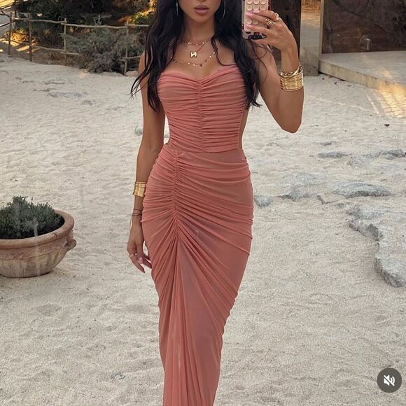 Michael Costello x REVOLVE Follie Maxi Pink Dress Gown Mesh Halter Size XS - Picture 3 of 16